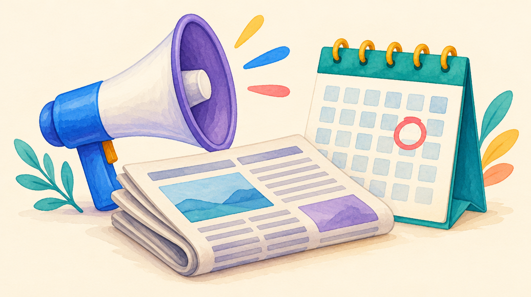 Painted megaphone, newspaper and calendar