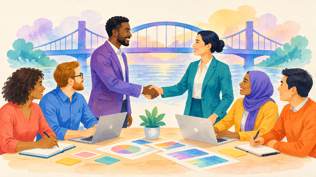 Painted illustration of two partners shaking hands in front of a bridge