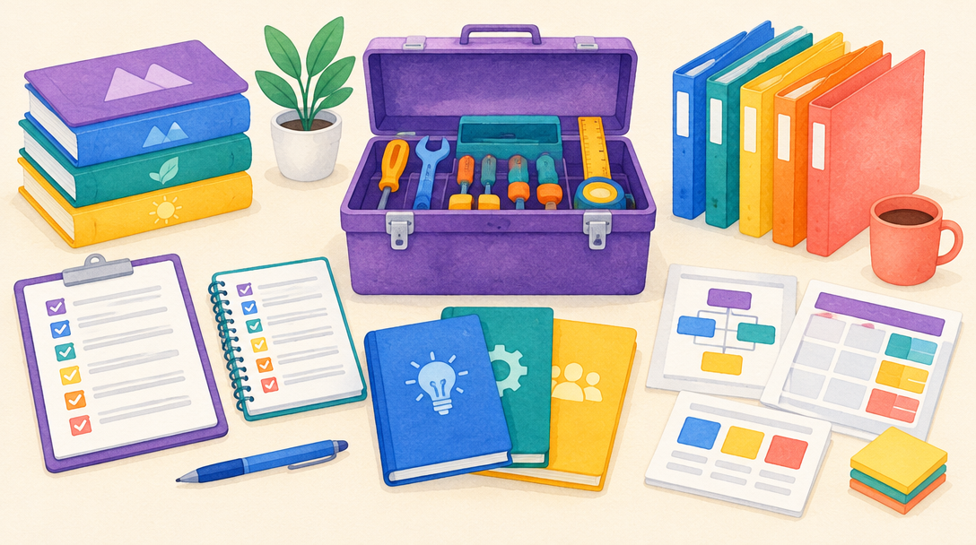 Painted toolbox surrounded by checklists, guidebooks and folders