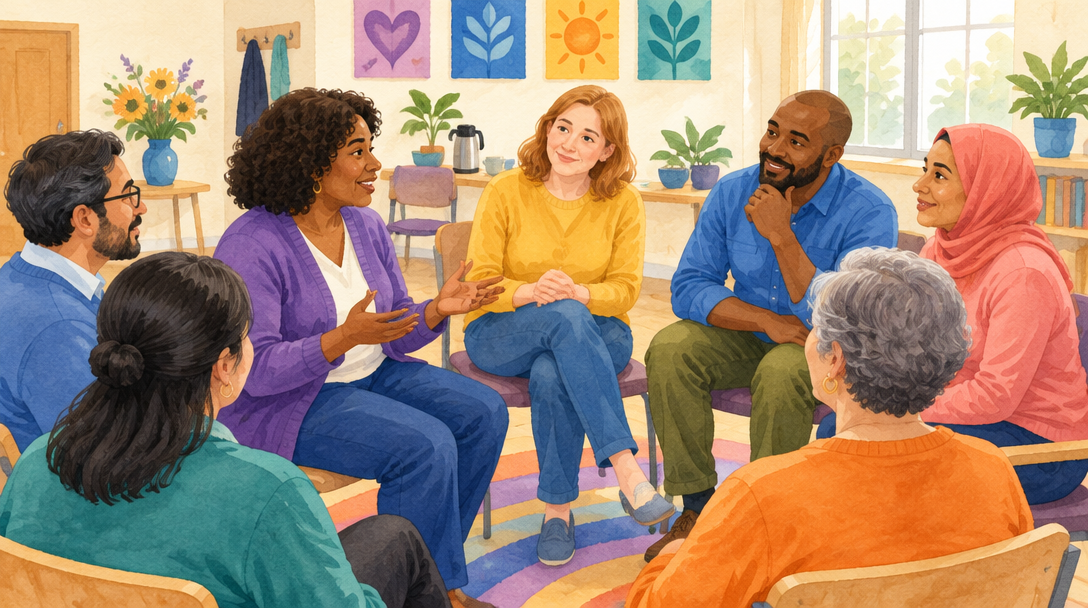 Painted circle of adults sharing stories in a community hall